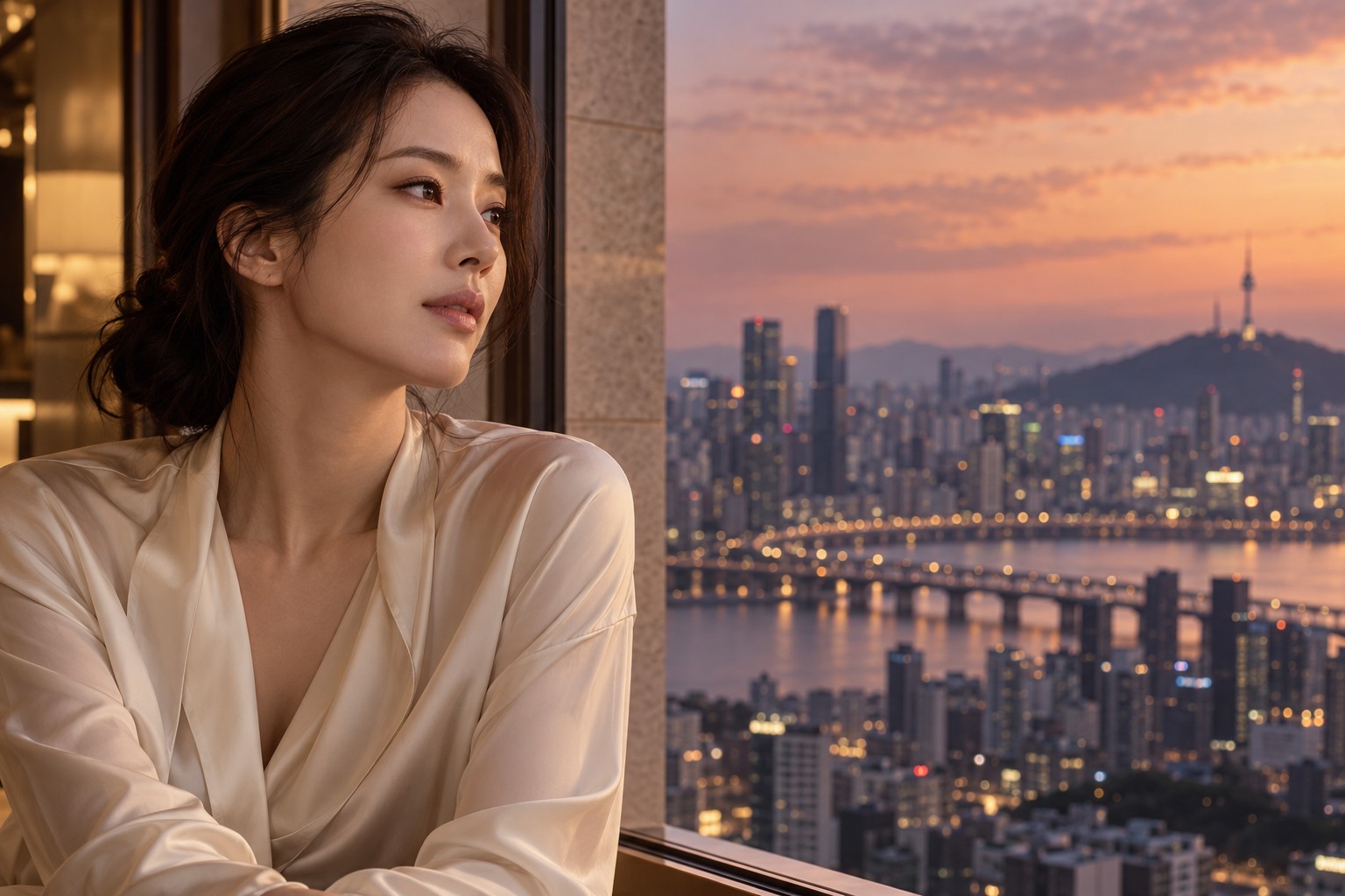 Illustrative portrait beside a window overlooking Seoul