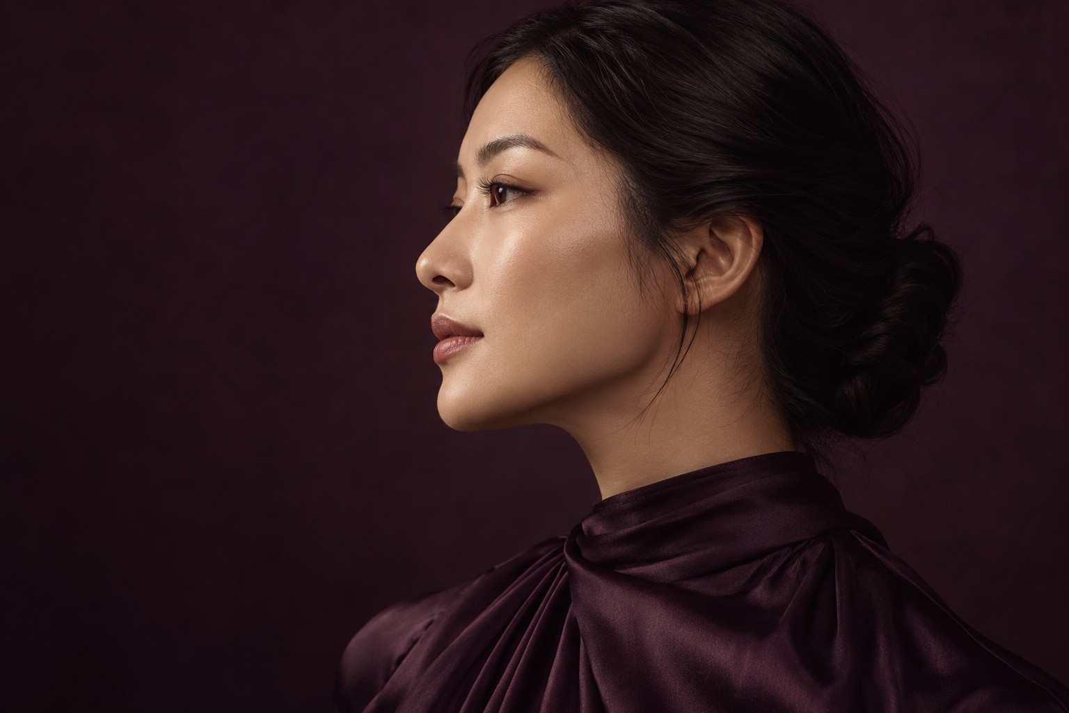 Illustrative editorial portrait highlighting a natural facial profile